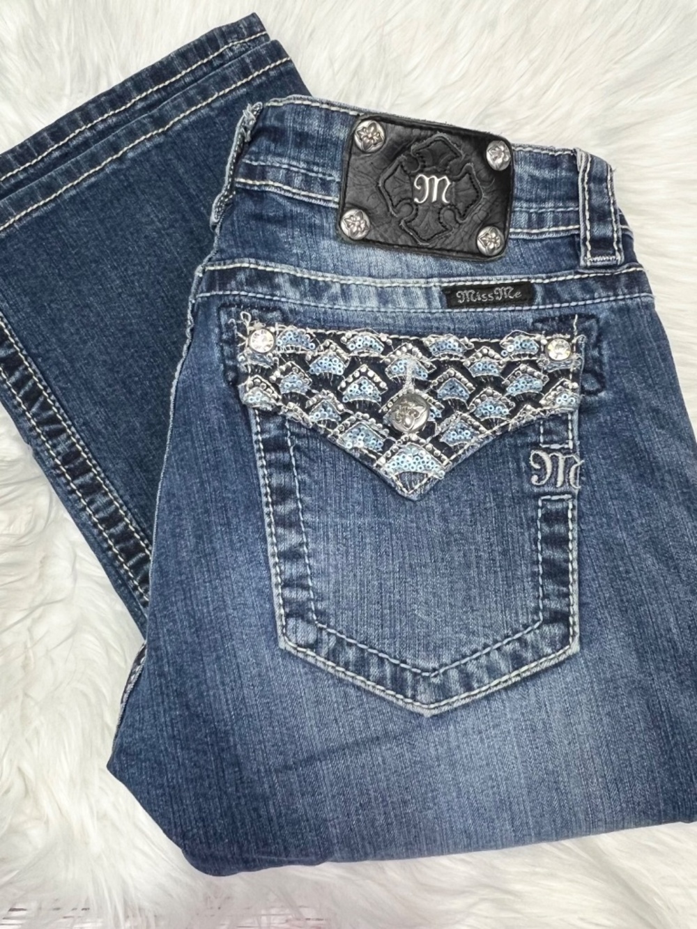Miss Me • Bootcut Jeans Sequin Flap Pockets Stretch Denim Size 30
